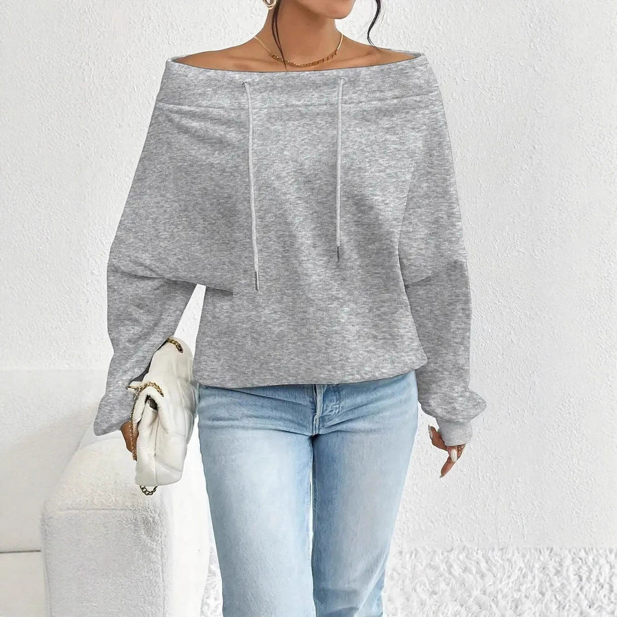 Damen lässiger Oversized-Pullover mit offenem Kragen und praktischen Kordelzügen