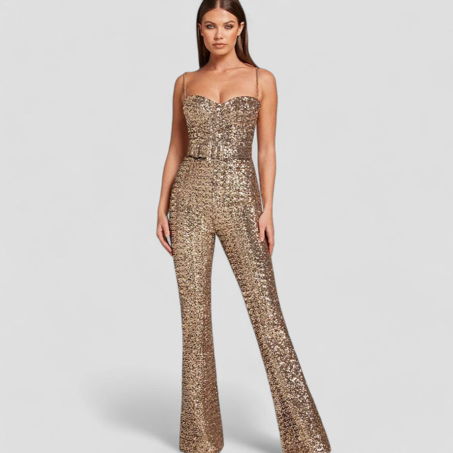 Damen Jumpsuit mit Pailletten, taillierter Schnitt und ausgestelltem Bein für festliche Anlässe