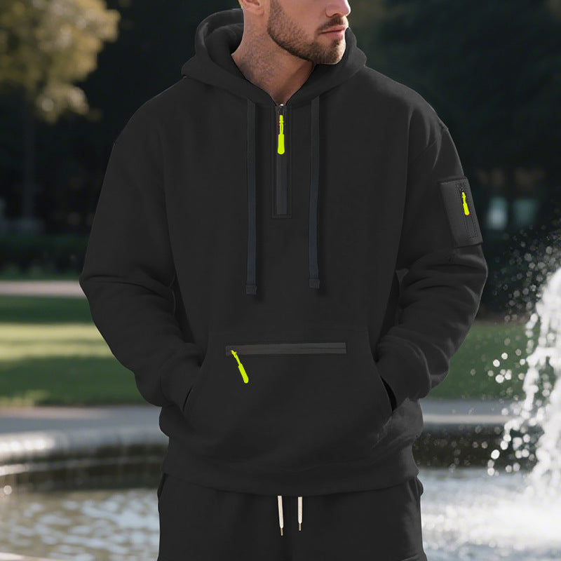 Herren nan technischer Freizeit-Hoodie mit kurzem mittigem Reißverschluss, Reißverschluss-Kängurutasche und Ärmeltasche Drune