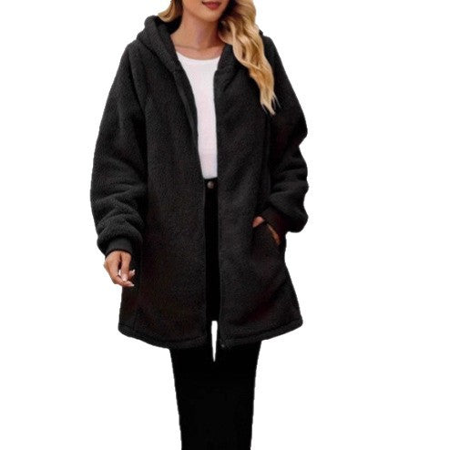 Damen Fleece-Mantel mit Taschen und Kapuze