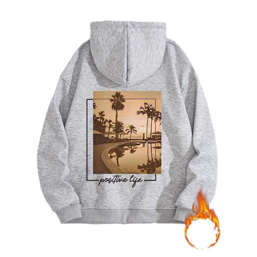 Damen Kapuzenpullover mit urbanem Palmenmotiv und positivem Schriftzug