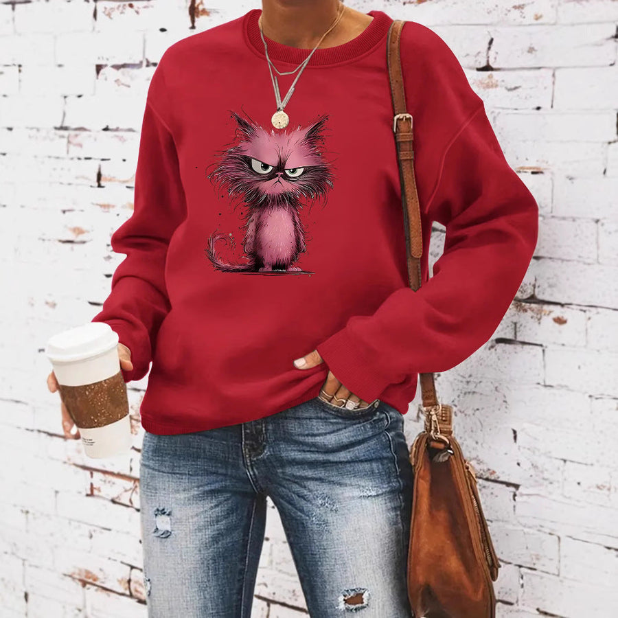 Damen Sweatshirt mit kreativem Katzenmotiv