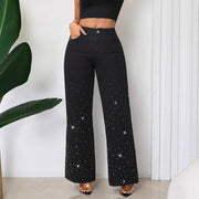 Damen High-Waist Jeans mit funkelndem Strassbesatz und weitem Schnitt