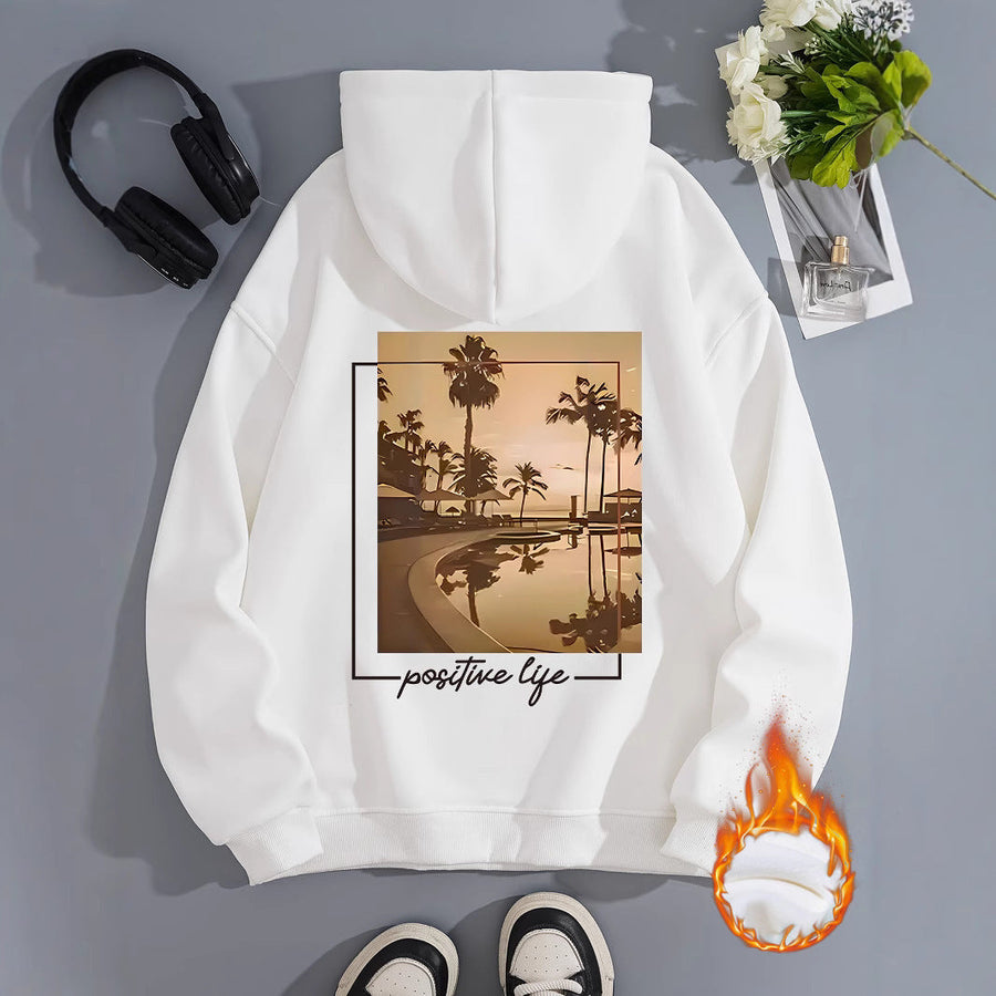 Damen Kapuzenpullover mit urbanem Palmenmotiv und positivem Schriftzug
