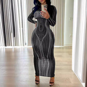 Damen figurbetontes Langarm-Maxikleid mit modernem Grafikdesign