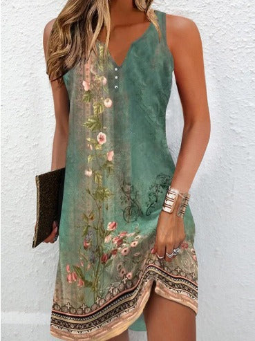Damen, lässiges Sommerkleid mit V-Ausschnitt und asymmetrischem Saum Heidi-Mode