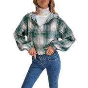 Damen cropped Flanelljacke mit Kapuze und modernem Karomuster