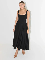 Damen Sommerkleid Baumwolle Leinen Mit Bindeträgern Und A-Linien-Schnitt