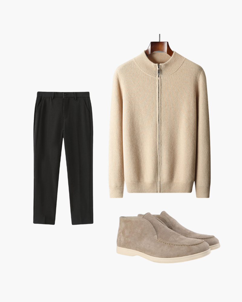 Jameson | 3-teiliges Set Kaschmir-Cardigan, hose & Wildleder-Boots