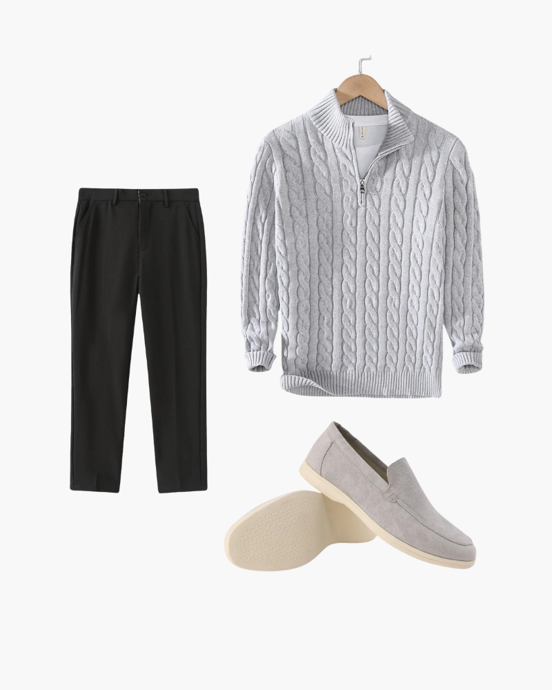 Amir | 3-teiliges Outfit-Set mit Zopfmuster-Pullover, hose & Loafern
