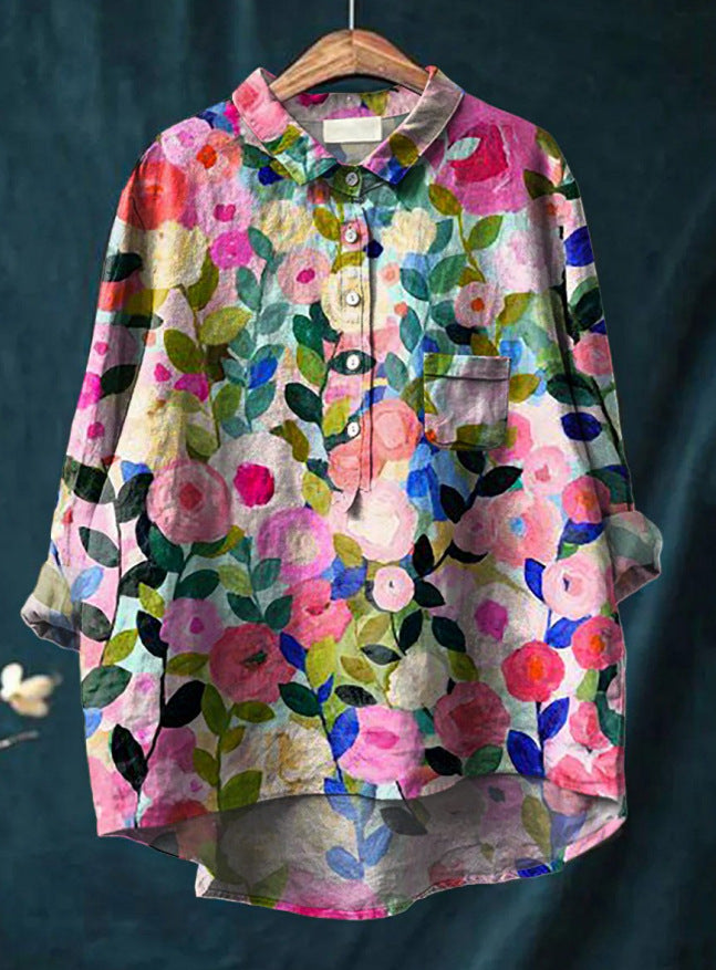 Elena | Damenbluse leicht aus Baumwolle und Leinen mit Print