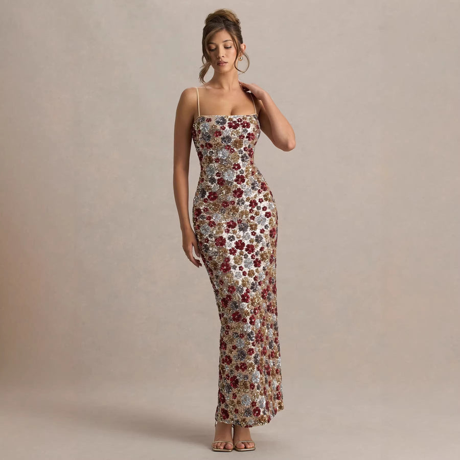 Pailletten Abendkleid in Maxi-Länge mit Blumenmuster