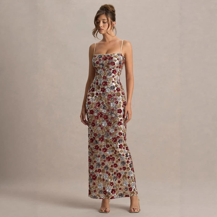 Pailletten Abendkleid in Maxi-Länge mit Blumenmuster