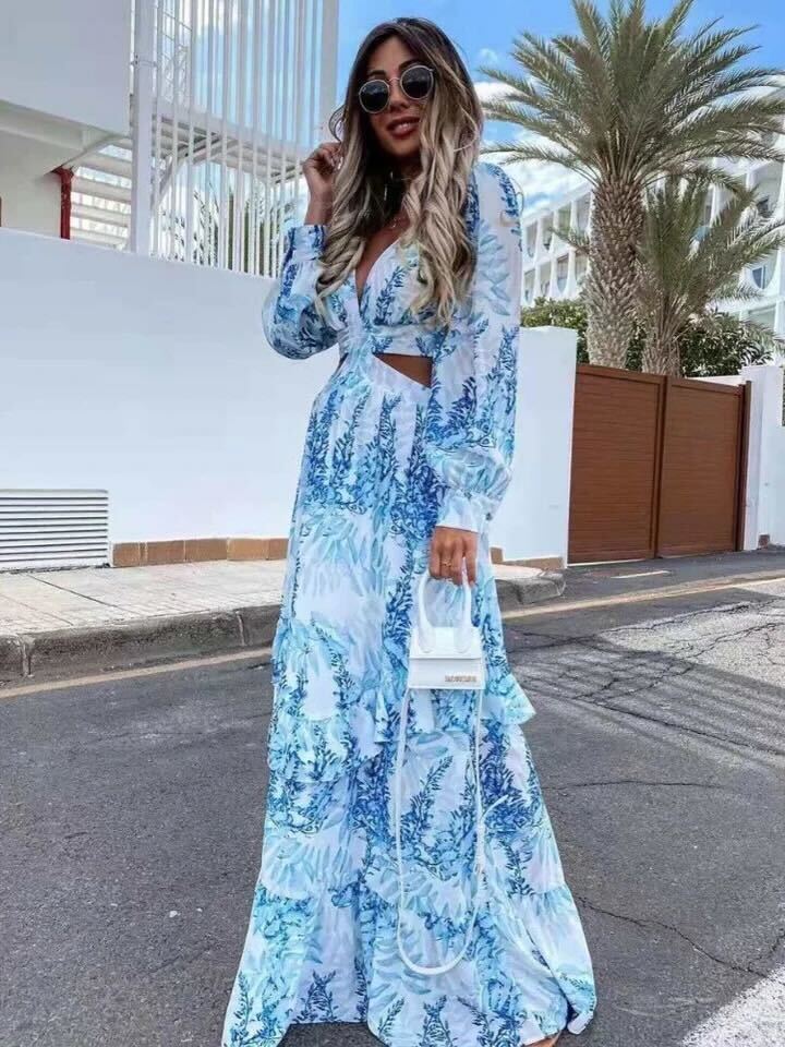 Damen Maxikleid – Leichter Stoff – Tropenprint – Ärmellos – Sommerstil