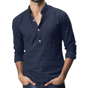 Polohemd Herren | Lässiger Stehkragen & Slim-Fit Langarm im Leinen-Look