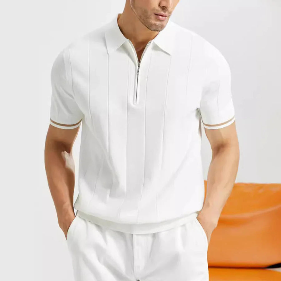 Poloshirt Herren | Kurzarm Strick-Polo mit Reißverschluss & Streifendetails