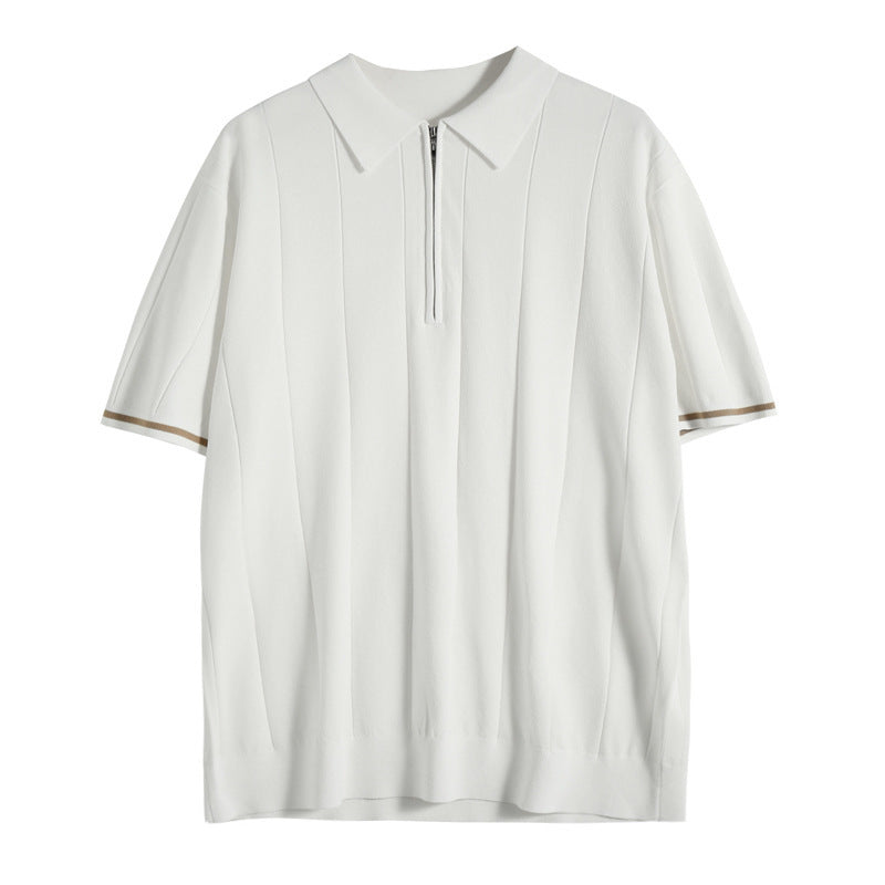 Poloshirt Herren | Kurzarm Strick-Polo mit Reißverschluss & Streifendetails