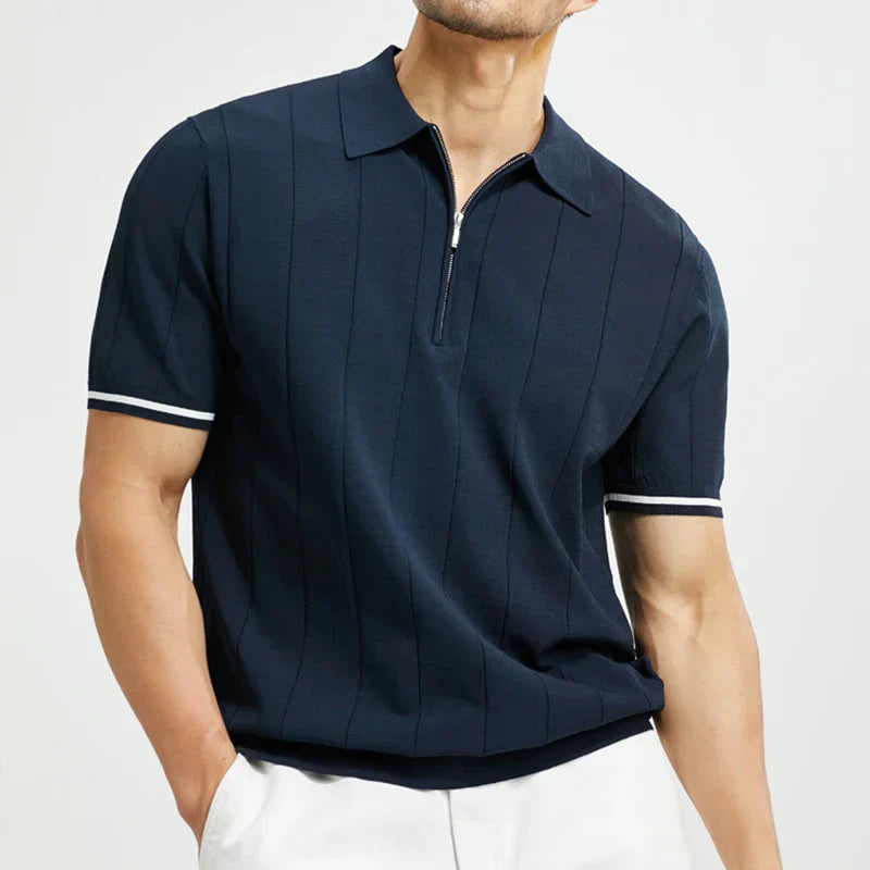 Poloshirt Herren | Kurzarm Strick-Polo mit Reißverschluss & Streifendetails