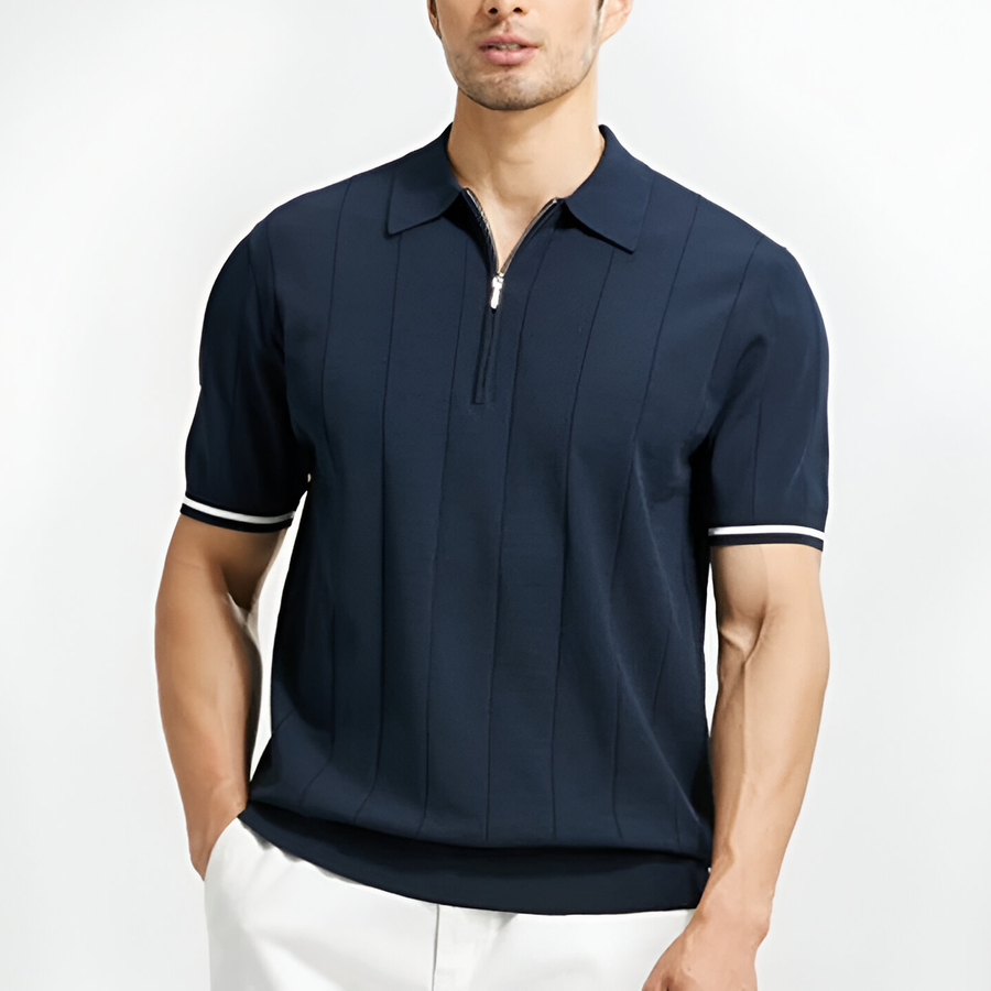 Poloshirt Herren | Kurzarm Strick-Polo mit Reißverschluss & Streifendetails