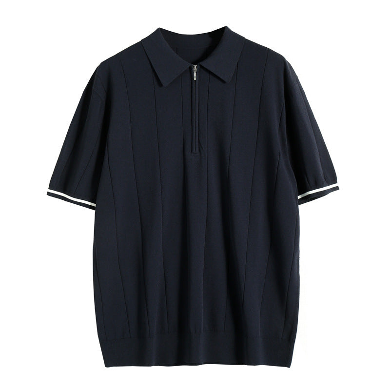 Poloshirt Herren | Kurzarm Strick-Polo mit Reißverschluss & Streifendetails