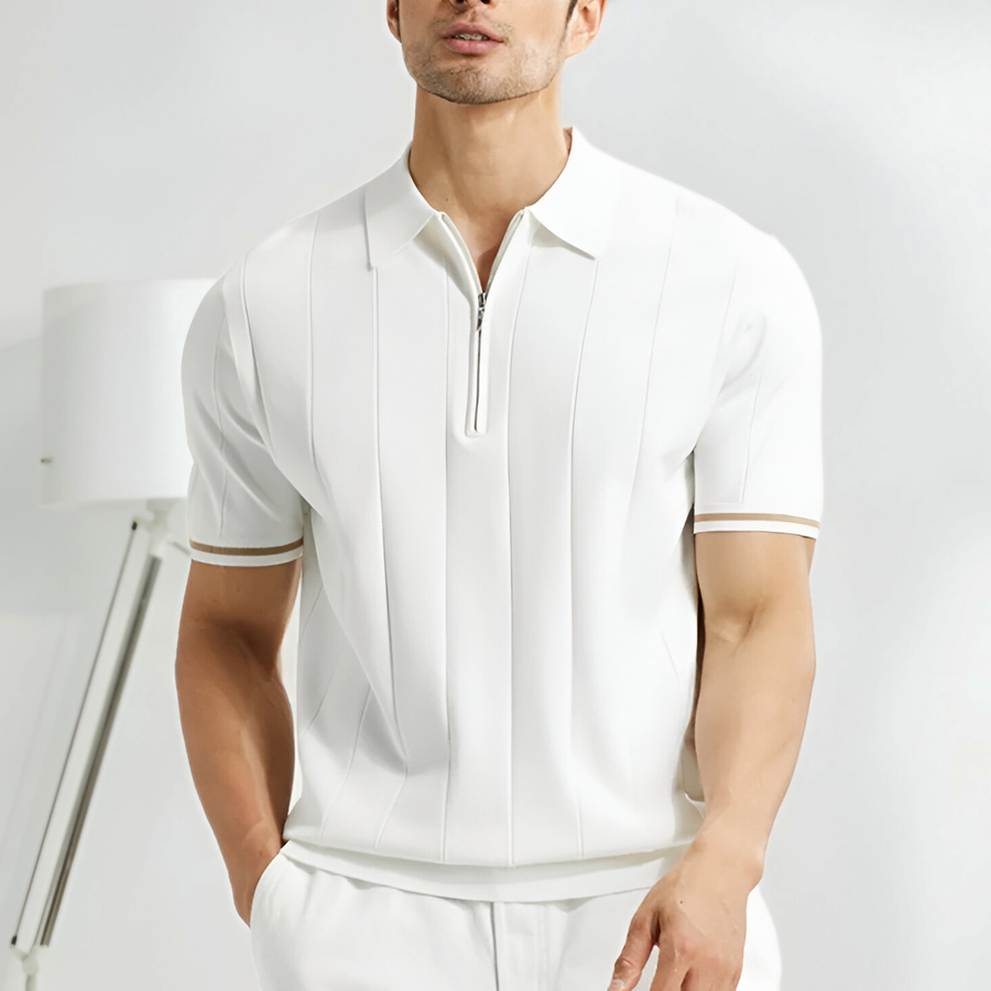 Poloshirt Herren | Kurzarm Strick-Polo mit Reißverschluss & Streifendetails