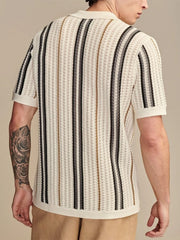 Poloshirt Herren | Offenes Strick-Polo mit Streifen & Vollknopfleiste