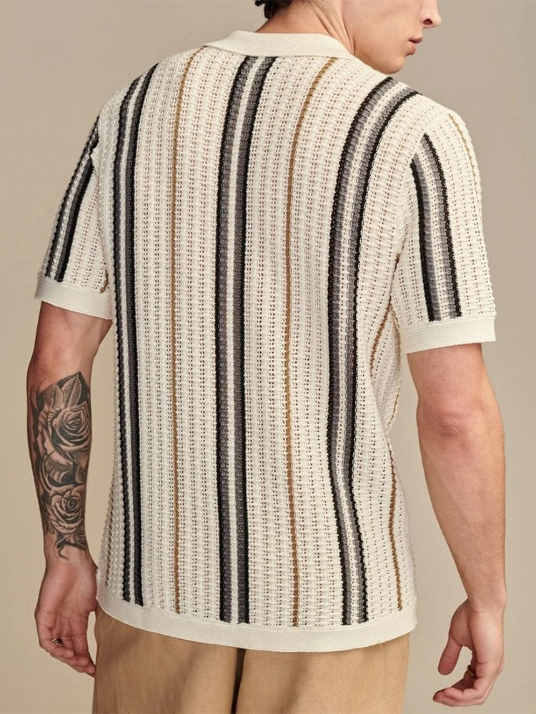 Poloshirt Herren | Offenes Strick-Polo mit Streifen & Vollknopfleiste