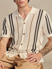 Poloshirt Herren | Offenes Strick-Polo mit Streifen & Vollknopfleiste