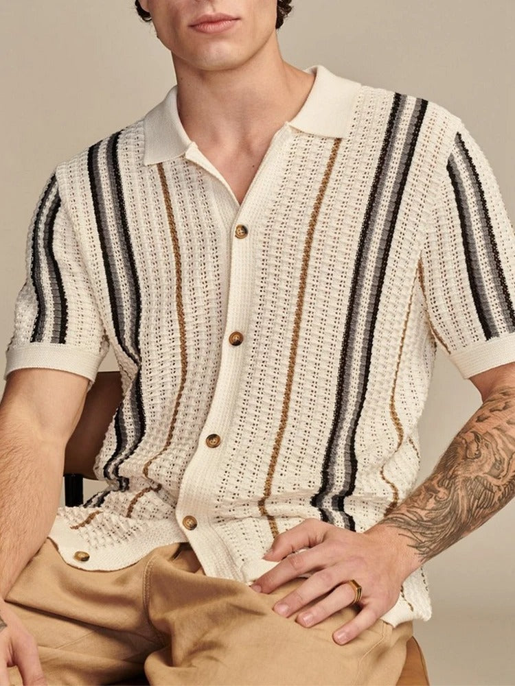 Poloshirt Herren | Offenes Strick-Polo mit Streifen & Vollknopfleiste