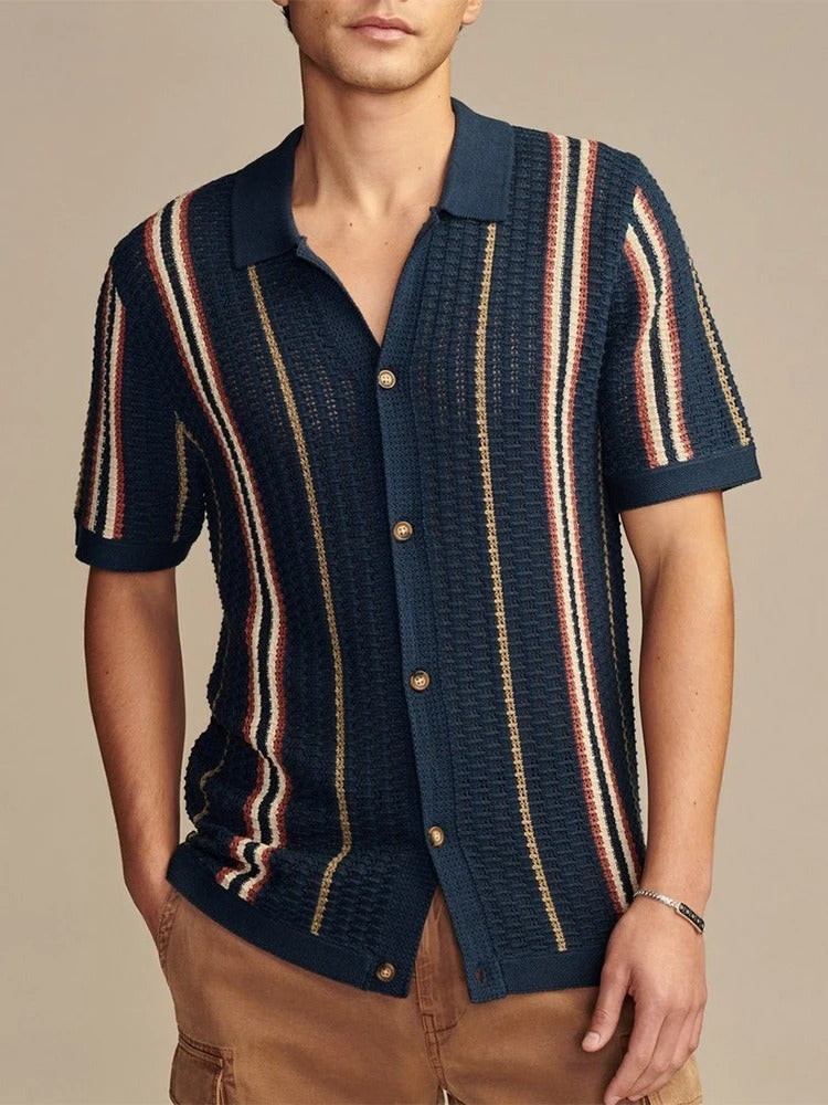 Poloshirt Herren | Offenes Strick-Polo mit Streifen & Vollknopfleiste