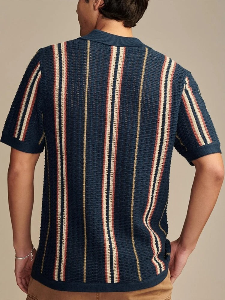 Poloshirt Herren | Offenes Strick-Polo mit Streifen & Vollknopfleiste