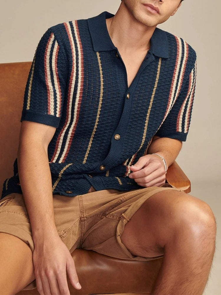 Poloshirt Herren | Offenes Strick-Polo mit Streifen & Vollknopfleiste