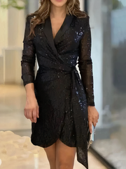 Damen Pailletten-Wickelkleid mit V-Ausschnitt and Langen Ärmeln