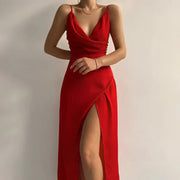 Damen Satinkleid mit Schlitz – Elegantes ärmelloses Abendkleid