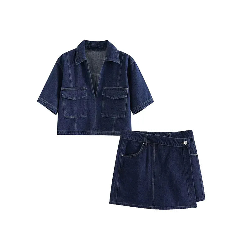 Damen-Denim-Set – Kurzarm-Jeansjacke & Asymmetrischer Minirock