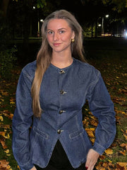 Damen-Denim-Set – Elegantes Tailliertes Jeansjacke & High-Waist Wide-Leg Hose
