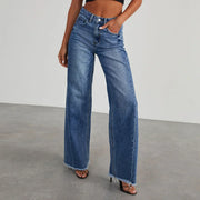 Damen-Weitbein-Jeans in Grau mit Raw-Hem