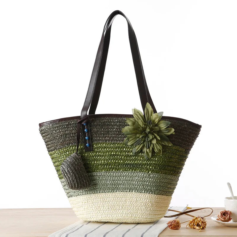 Große Strohtasche Damen – Handgefertigte Strandtasche mit Vegan-Leder-Trägern