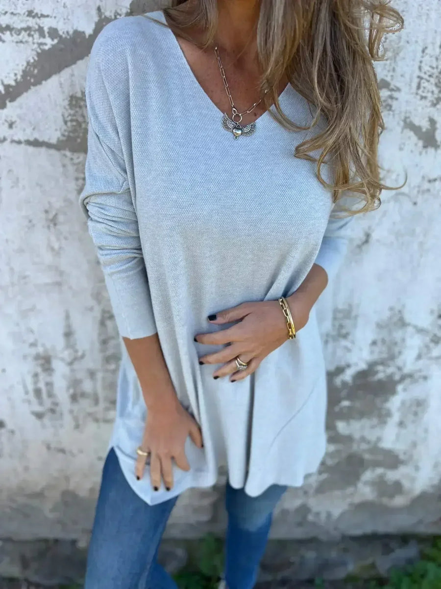 Edith | Damen Gemütliches Herbst-Oberteil mit V-Ausschnitt und langer Passform