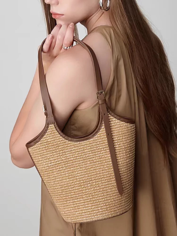 Boho Rattan Strandtasche Damen – Handgefertigte Schultertasche Sommer