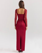 Florence - Langes Kleid mit langen Ärmeln in Weinrot und Spitze