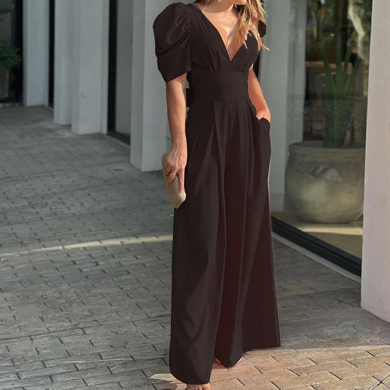 Damen Jumpsuit Polyester Elegant Puffärmel Taillengürtel Sommer Outfit