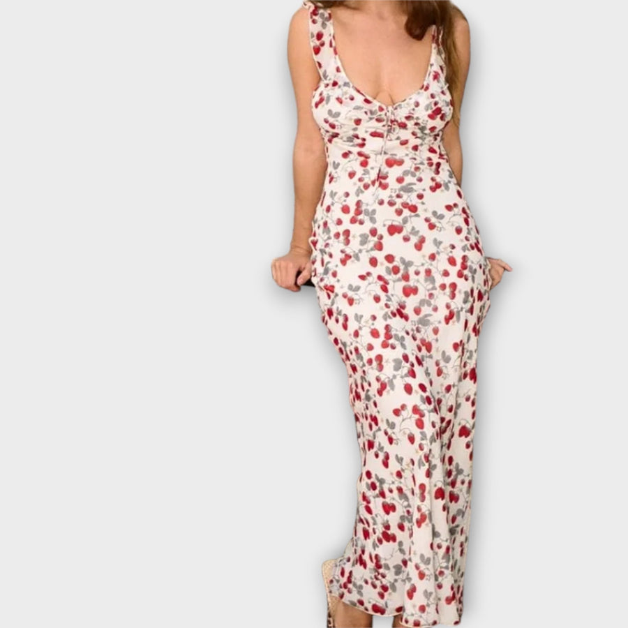 Maxikleid mit geheimnisvollem Blumenmuster und tiefem Ausschnitt