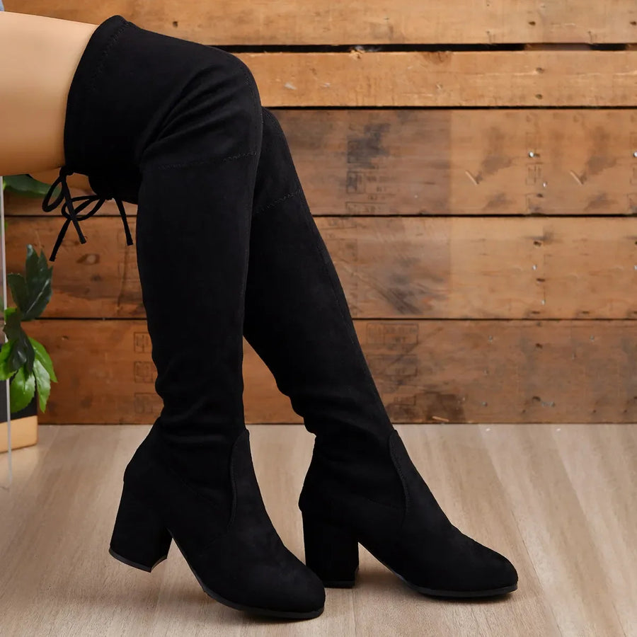 Schwarze Overknee-Stiefel für Damen | Blockabsatz