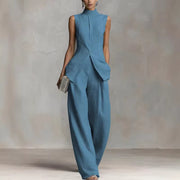 Charlotte | Damen Leinen Zweiteiler Set Stehkragen Top Weite Hose