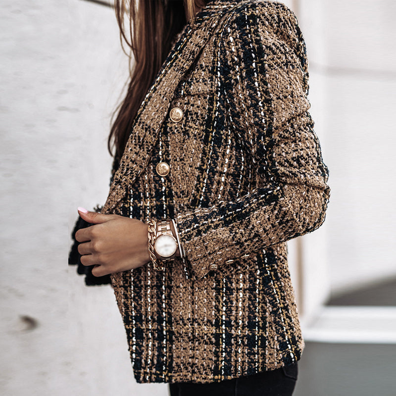 Eleganter Damen Blazer im Karo-Design – Modischer Tweed-Blazer mit doppelter Knopfleiste