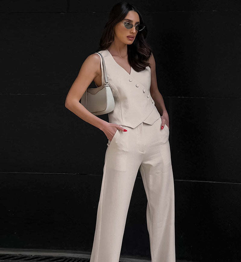 Mia | Damen Leinenanzug – Ärmelloses Top & Weite Hose