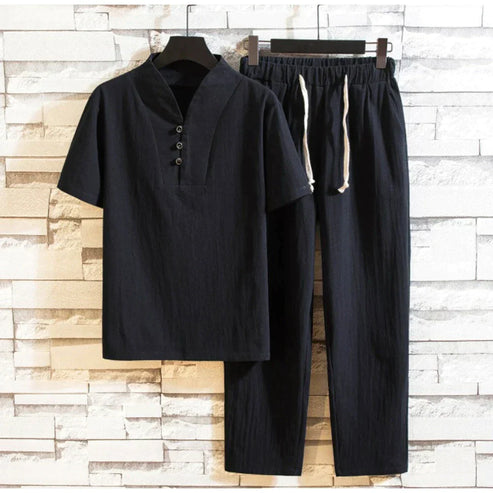 Jordano – herren-kurzarm-t-shirt und knöchellange hose aus baumwolle und leinen