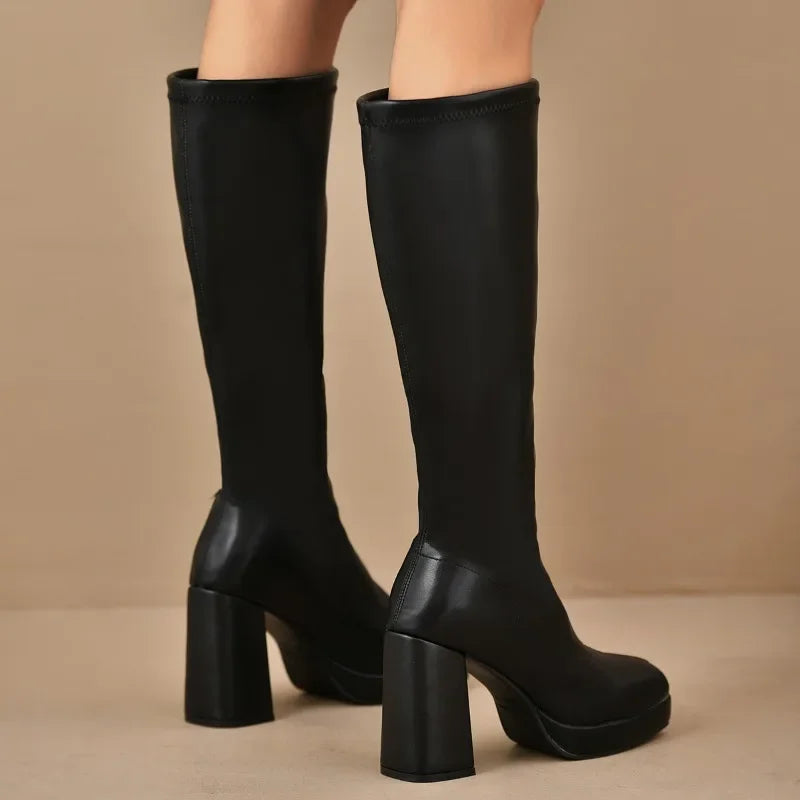Damen Schwarze Overknee Stiefel | Plateau Klobigem Absatz