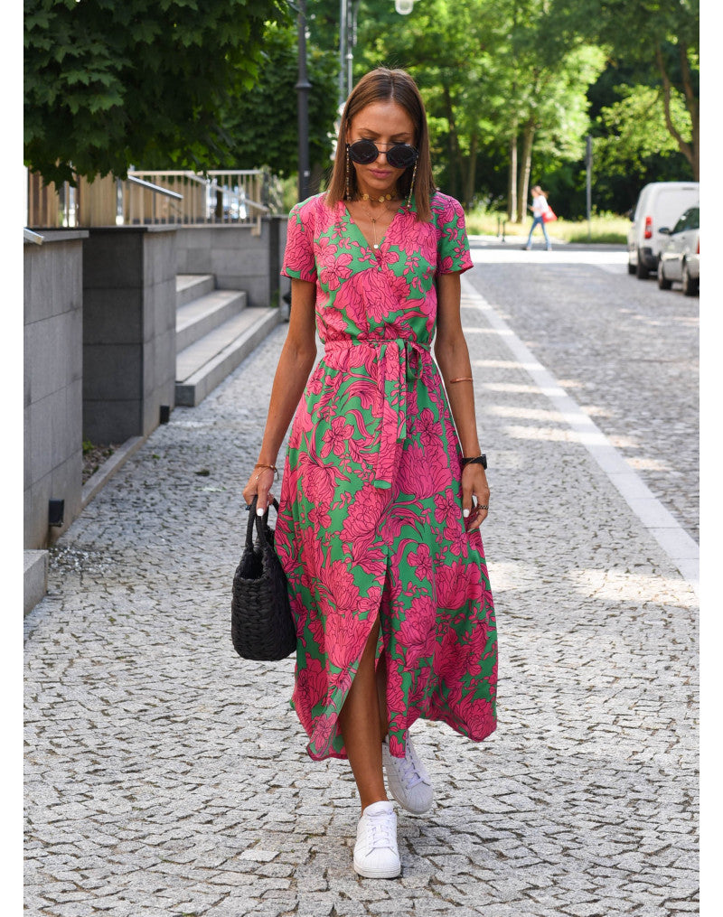 Dames midi-jurk met V-hals en bloemenpatroon